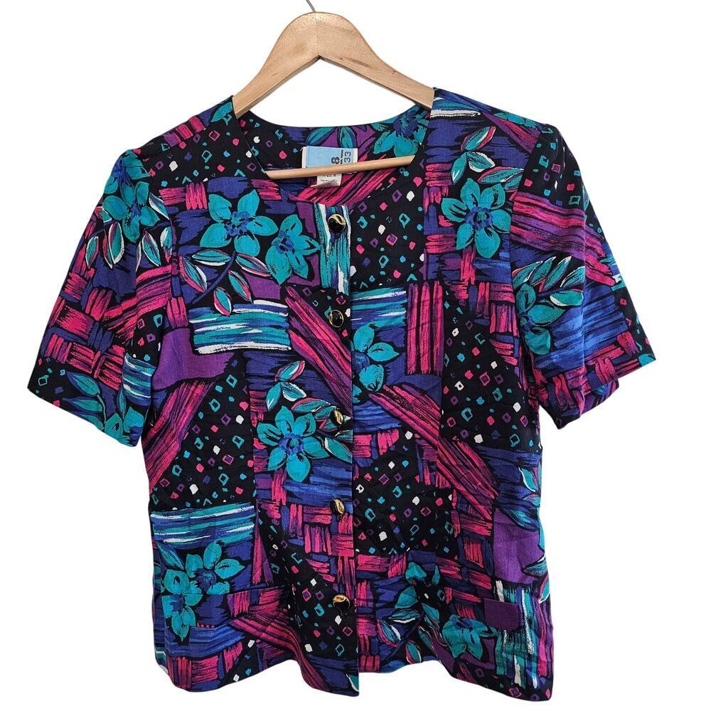 Vintage Worthington Blouse Womens Sz 8 Purple Button Floral 90s Glam Retro Fairy